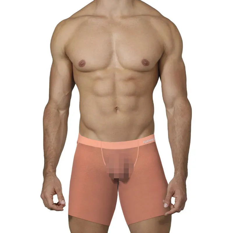 Men's low waist ice silk boxers in solid orange, pink, or red colour on a size chart.