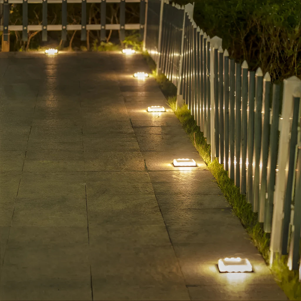 Solar floor tile lamp for outdoor staircase layout with aluminium body and glass shade