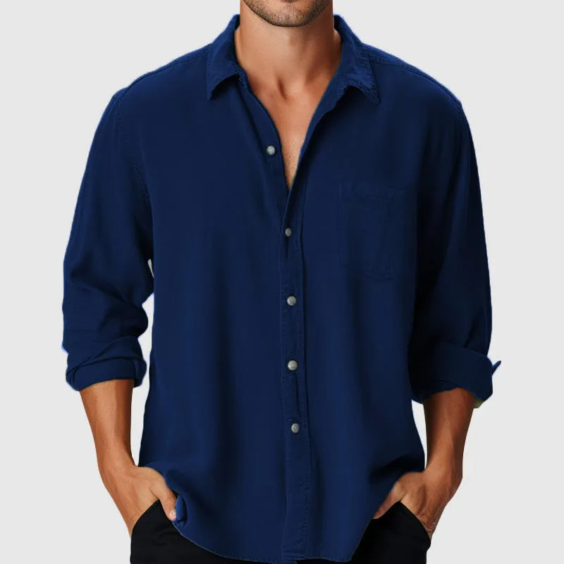 Men's loose-fit pure colour beach shirt with stand collar and long sleeves on a mannequin.