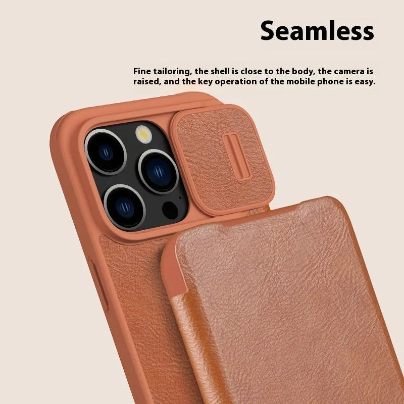 iPhone 15 imitation leather flip case shown in black, brown, and red colour options.