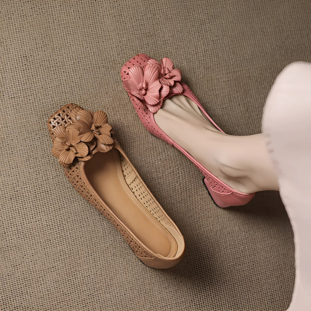 Light brown women's leather pumps with a woven hollow design and a mid heel on a beef tendon sole.