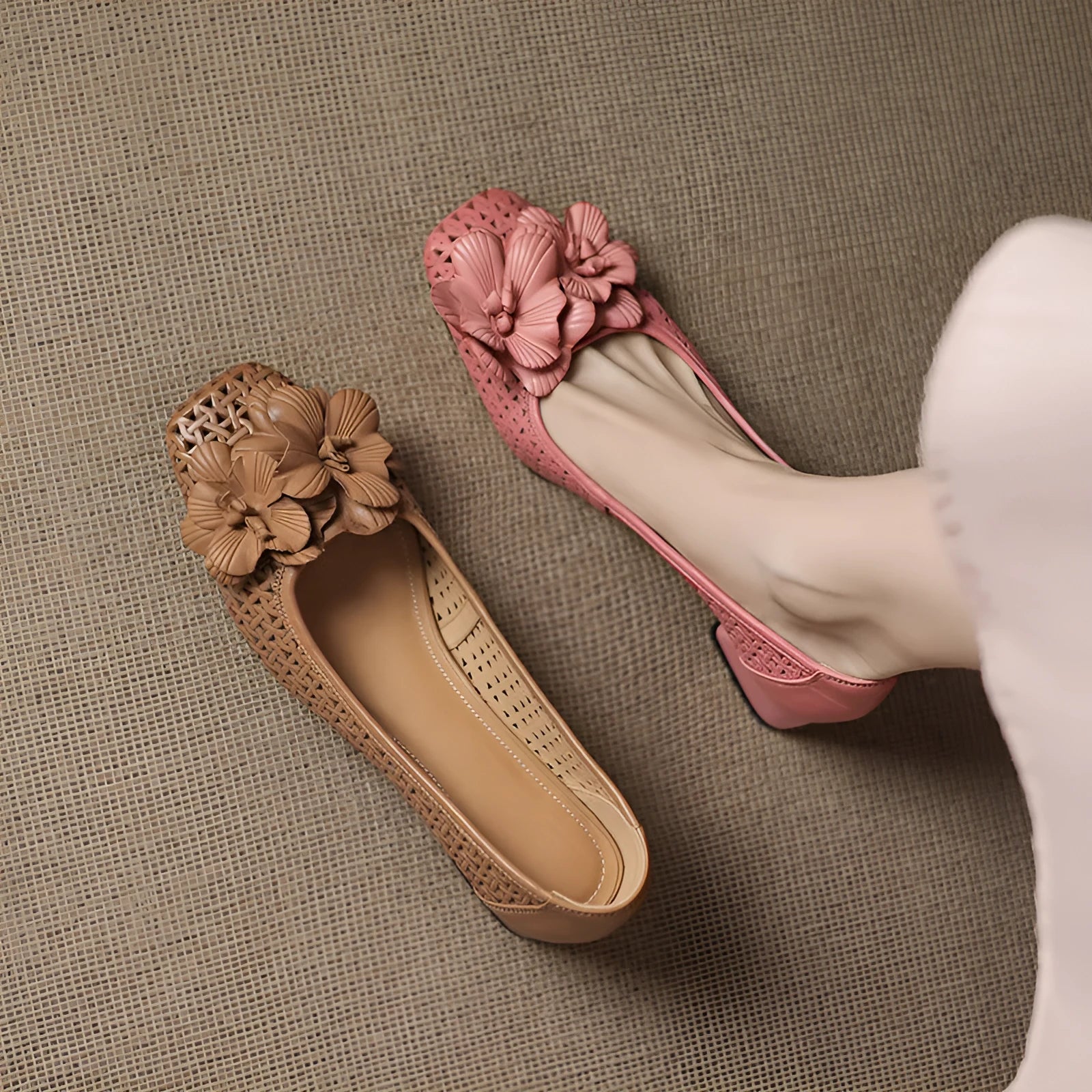 Light brown women's leather pumps with a woven hollow design and a mid heel on a beef tendon sole.