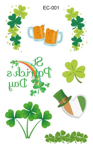Sheet of children's temporary tattoo stickers featuring a large green St. Patrick's Day clover design