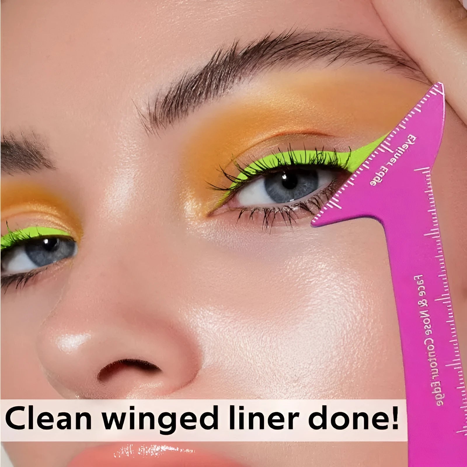 Reusable 3-in-1 plastic makeup stencil for eyeliner wings, eyebrow shaping, and nose contouring on a table.