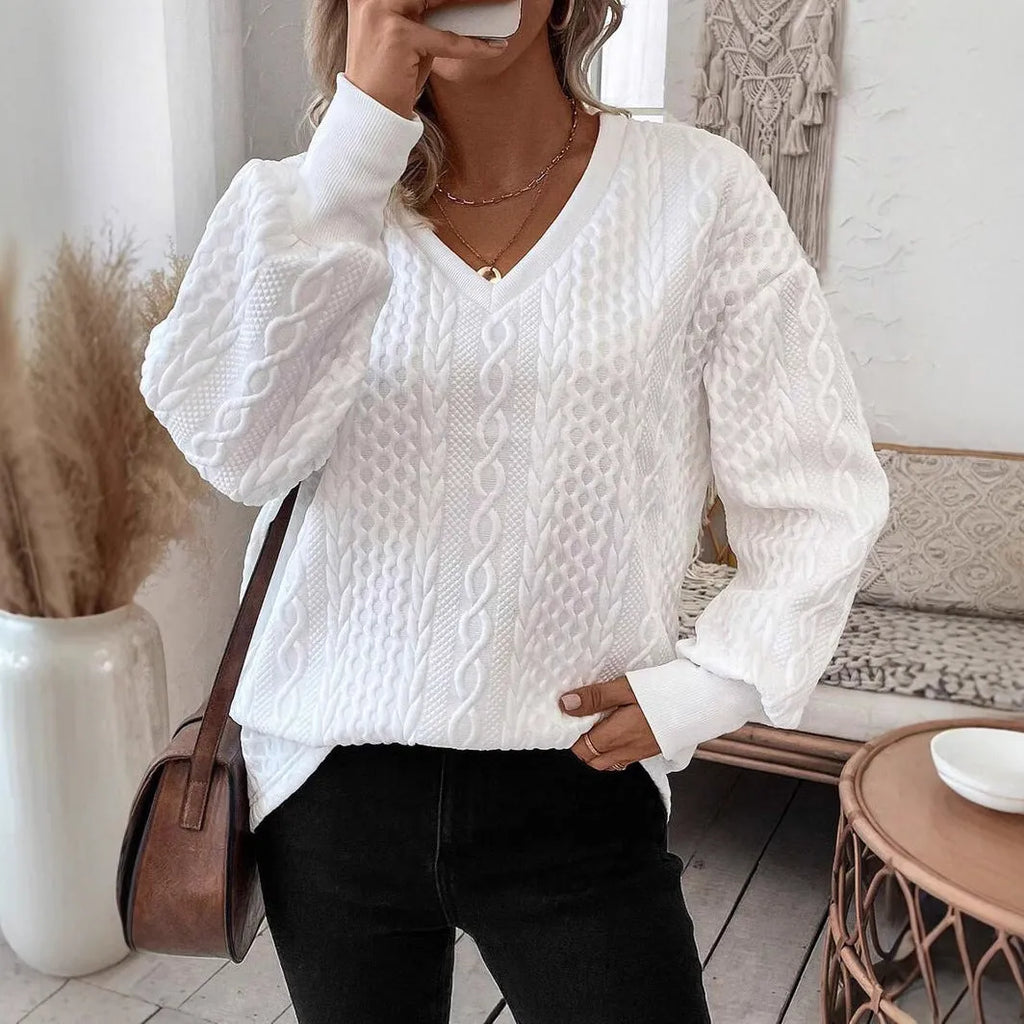 Milky white loose fit long sleeve T-shirt with 3D pattern, Japanese Korean casual style