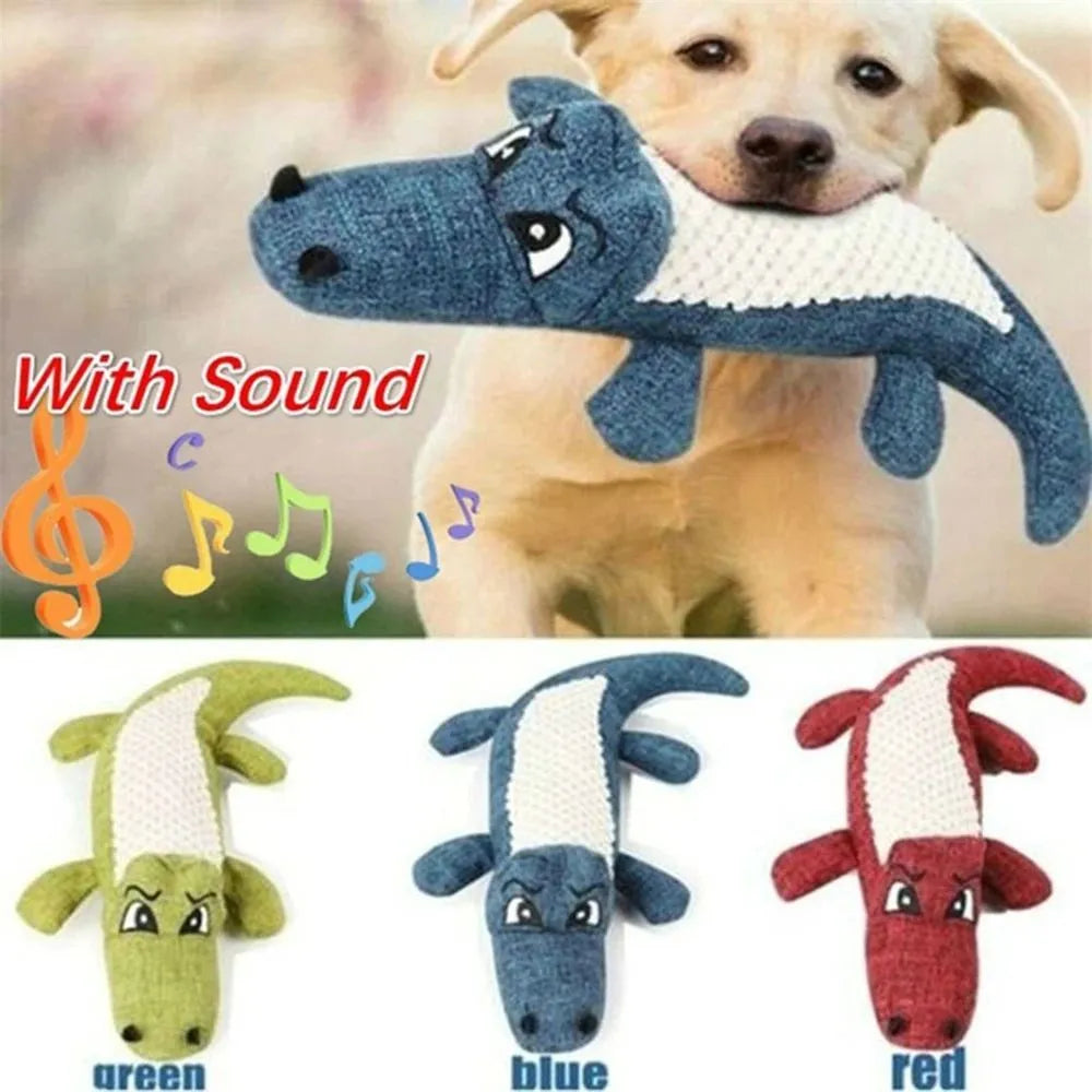 Plush squeaky dog chew toy, 29cm long, linen and PP cotton, blue red green