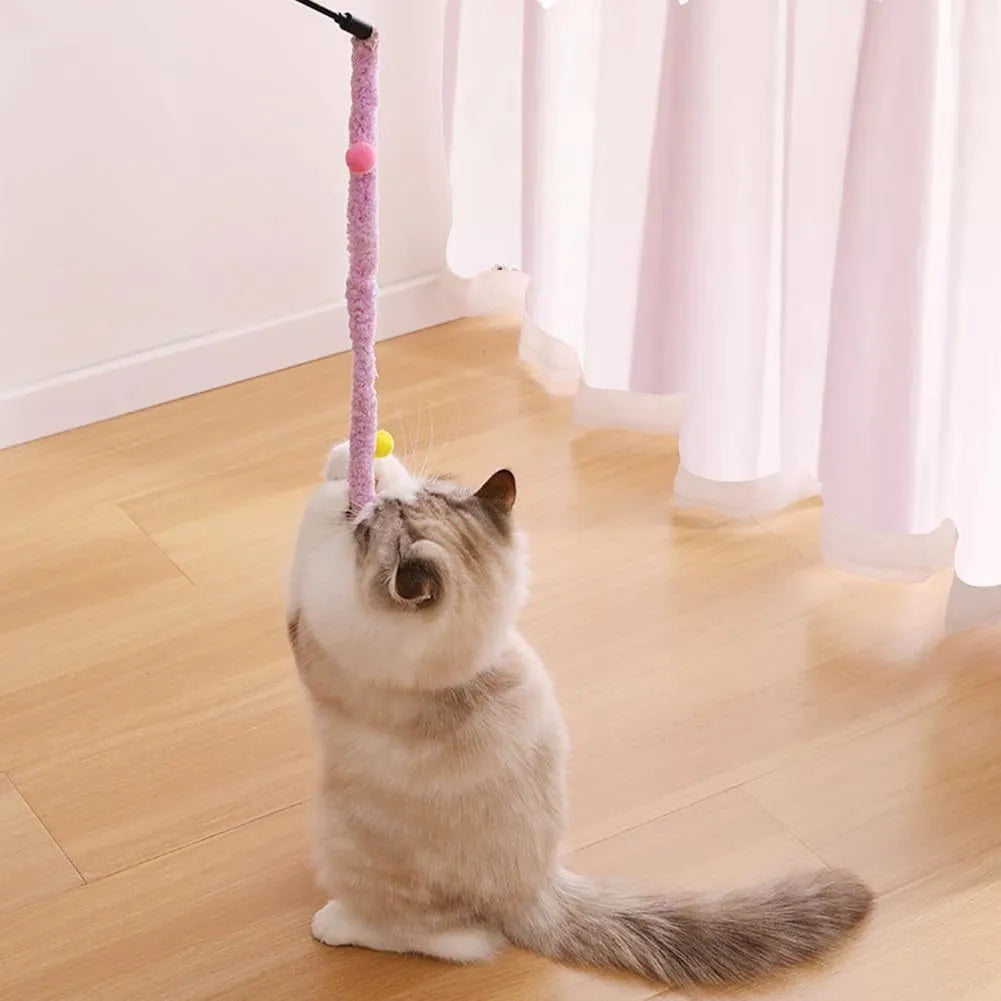 Interactive cat wand toy with plush strip and bell-equipped fluffy ball in blue, green, or pink