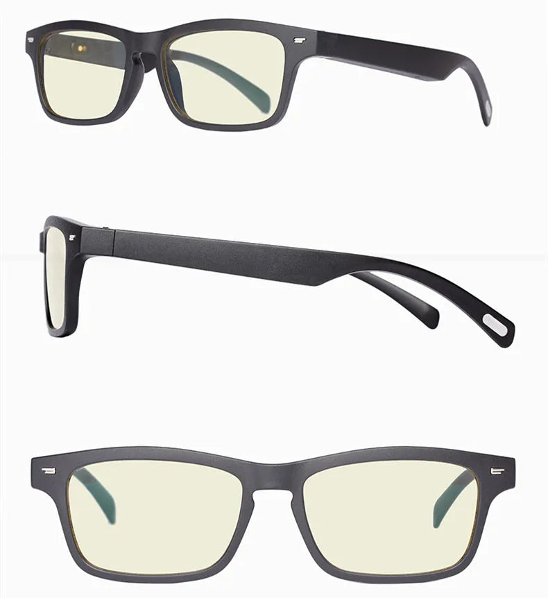 Unisex Bluetooth compatible smart glasses with open-ear design on a glasses case, with USB cable.