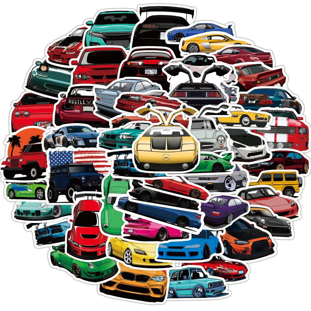 50 modified racing car graffiti stickers, 5-8cm adhesive decals for luggage and laptop decoration