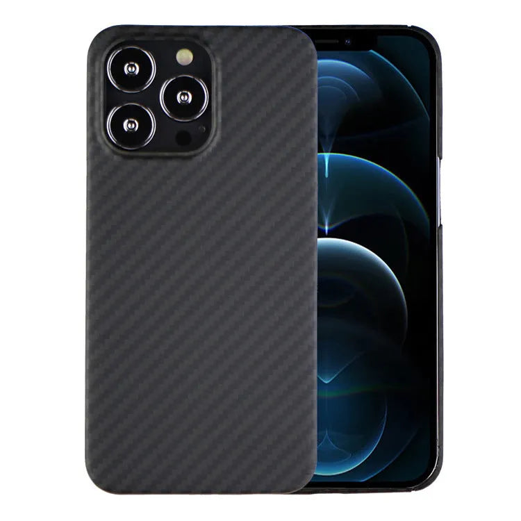 Dull Black Kevlar fibre iPhone case with Magsafe magnet for models 14, 13, 12, 11, and X.