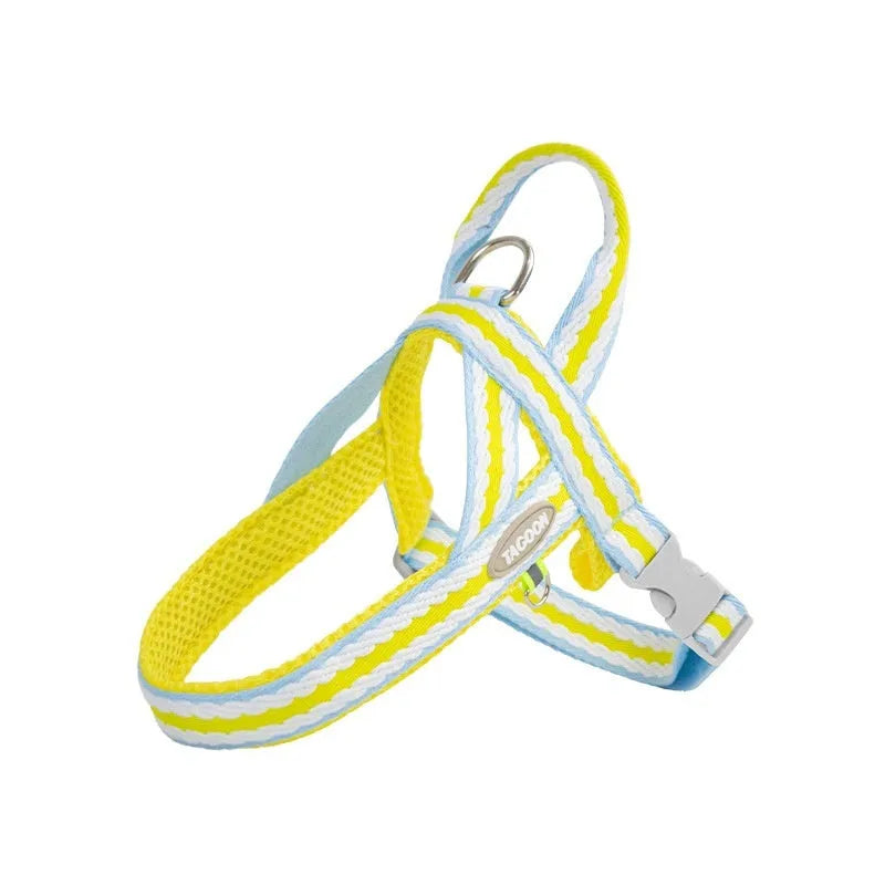 Lightweight dog harness and 1.4-metre walking rope set in various colours on a size chart