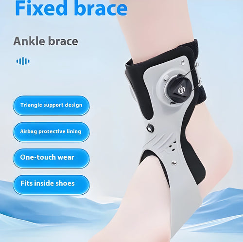 Grey and black ankle support brace with airbag button fixation, shown in left and right foot versions.
