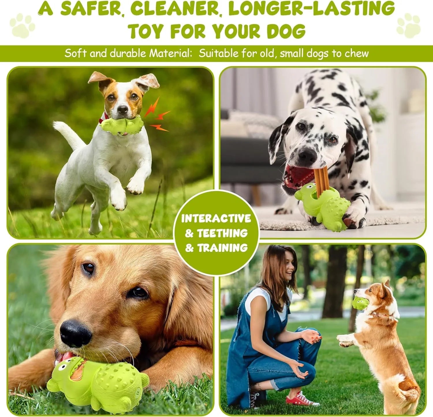 Green and yellow natural rubber squeaky dog toy for aggressive chewing large breed dogs.
