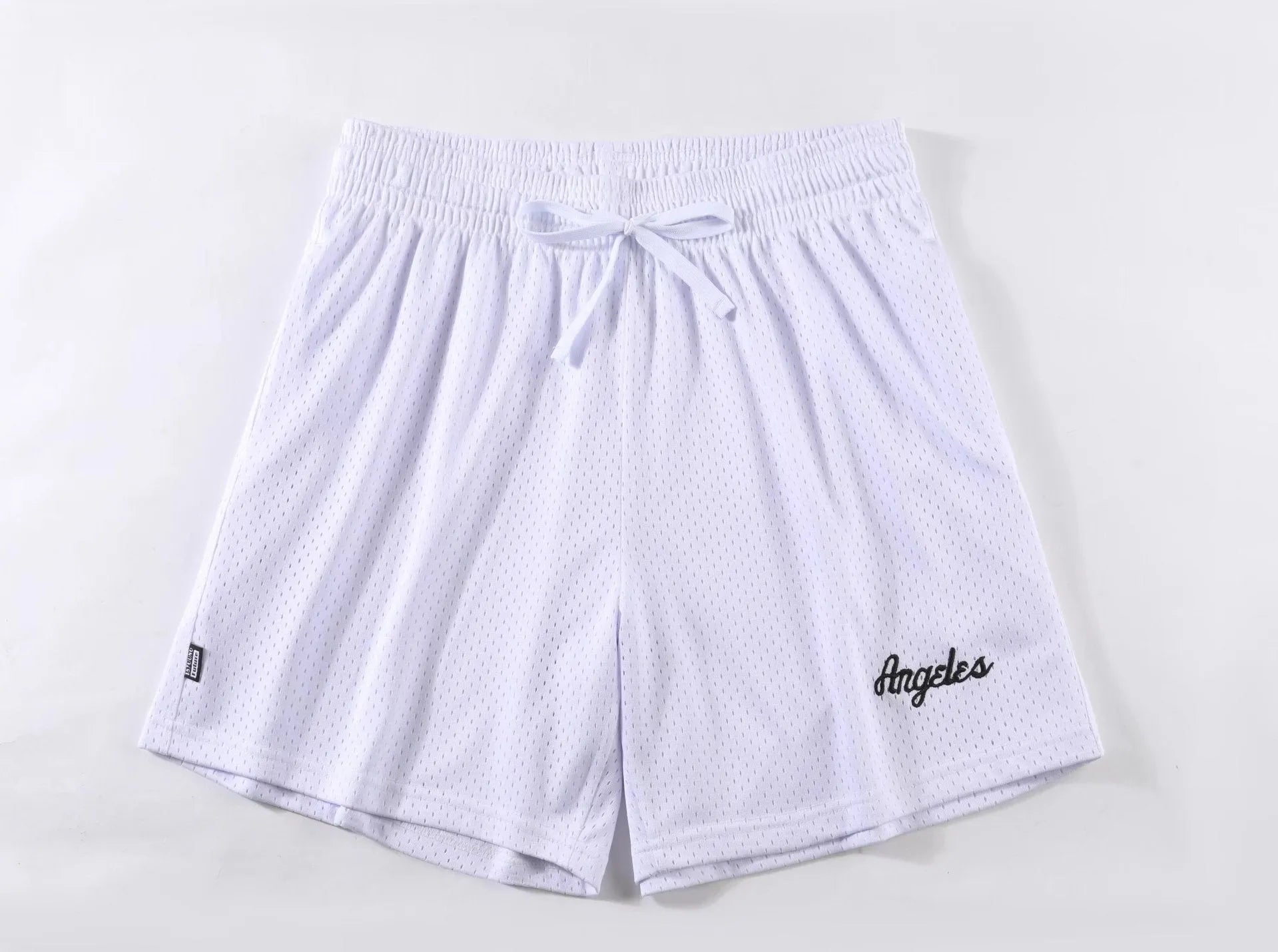 Men's double layer mesh sports shorts in various colours on a size chart.