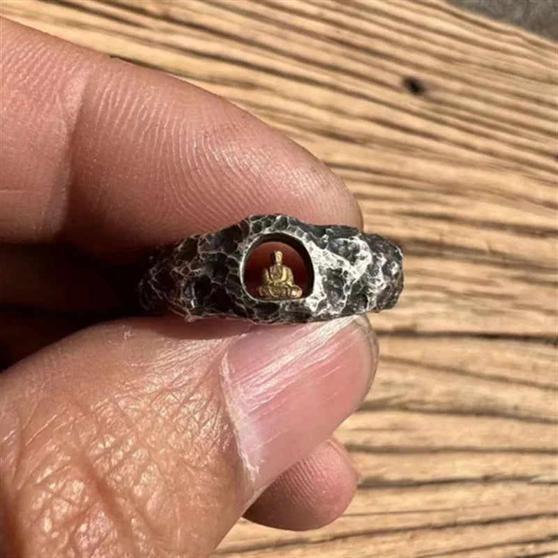 Hand-forged copper Grotto Buddha ring with a rock texture surface, shown in size no. 8.