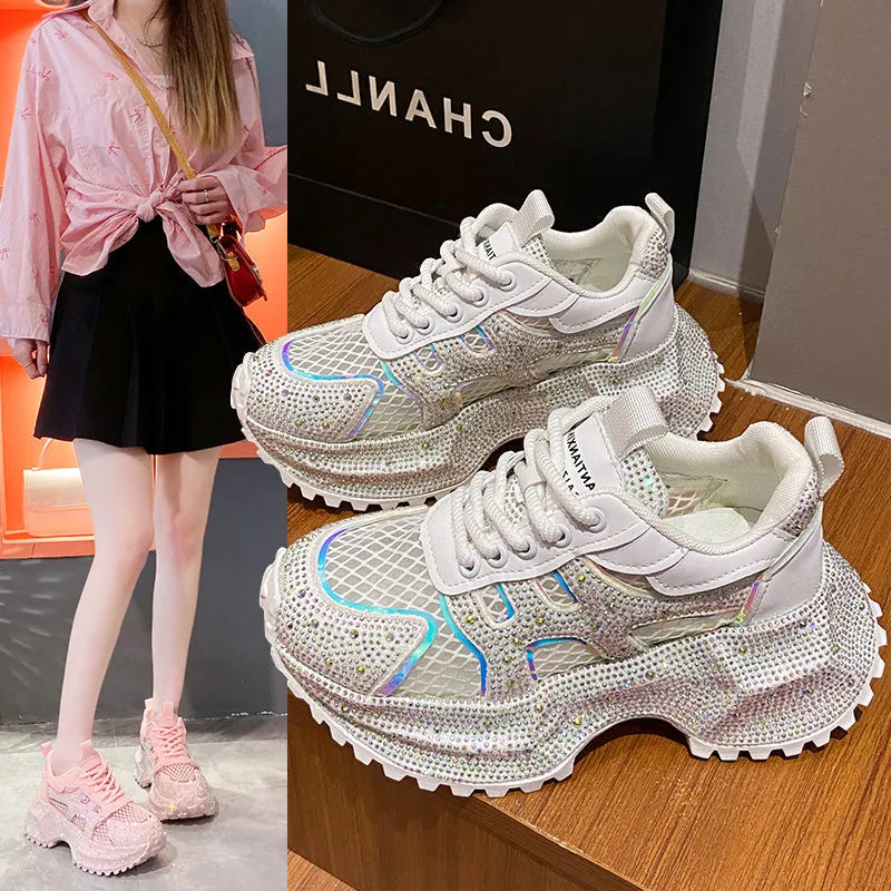 TIANXIU light yellow women's chunky platform sneakers with glitter rhinestone accent and green trim on thick white sole