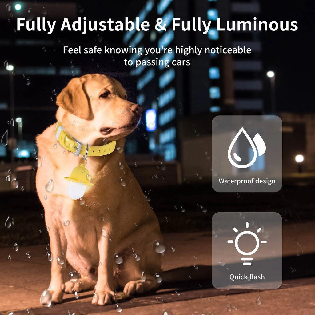 Yellow banana-shaped USB rechargeable pet collar light with geometric pattern for dog safety