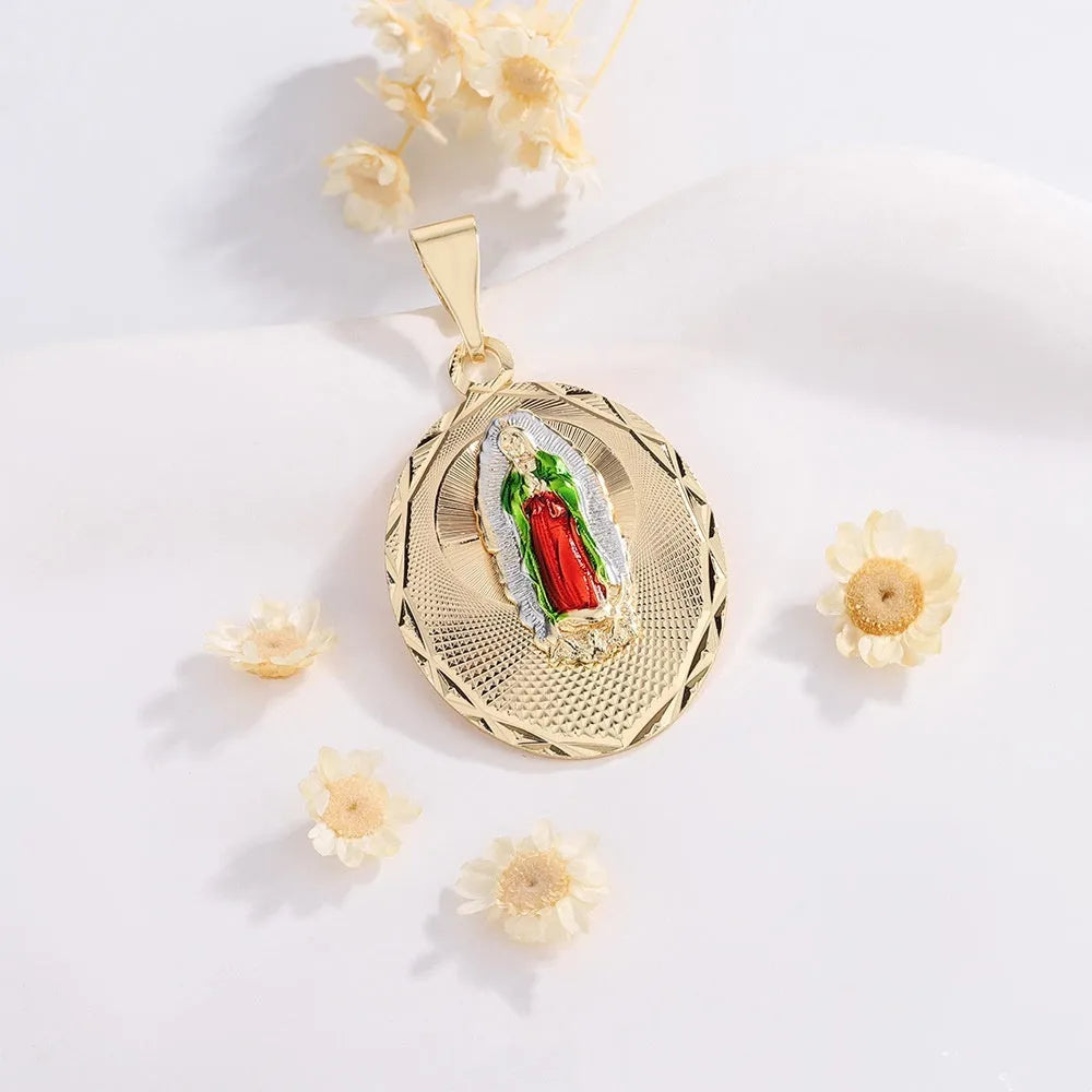 Copper Virgin Mary gilded painting necklace pendant on display, showing original design and electroplated finish
