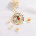 Copper Virgin Mary gilded painting necklace pendant on display, showing original design and electroplated finish