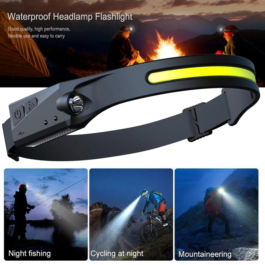 Black silicone USB rechargeable headlamp with wide LED beam and side wave sensor for outdoor use.
