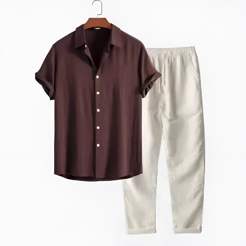 Men's loose fit short sleeve shirt and trousers suit in linen-look fabric.