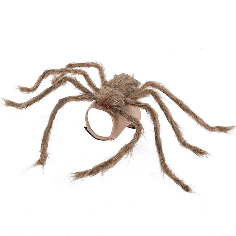 Grey and black spider Halloween costume on a dog showing back covering and adjustable leg straps.