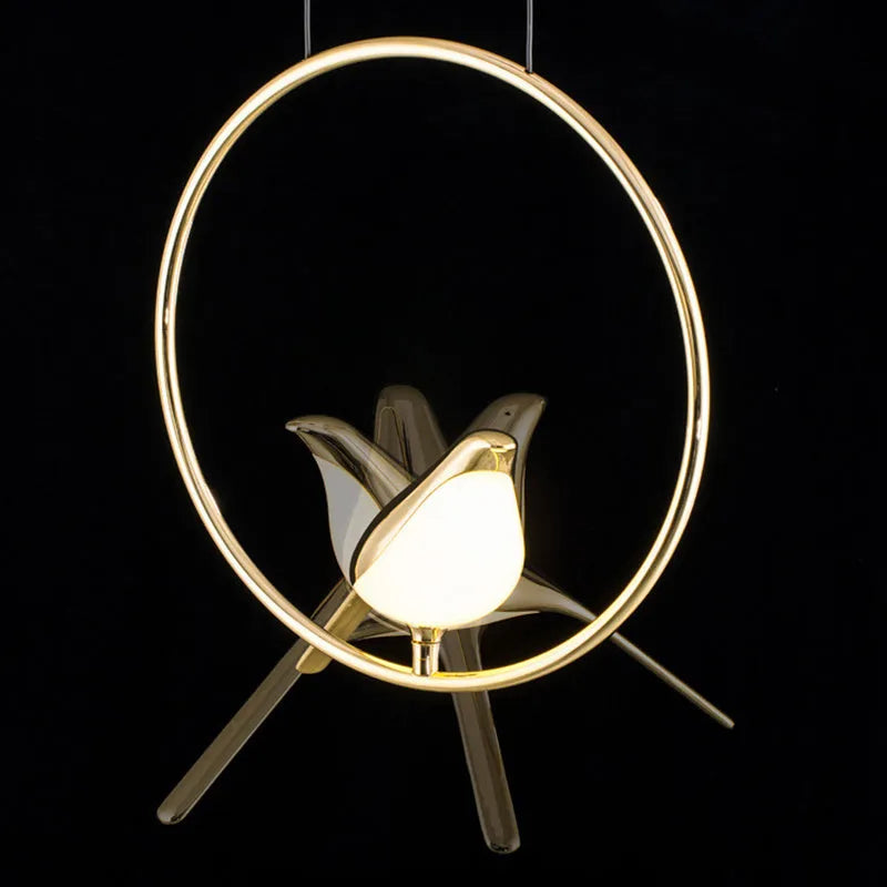 Modern minimalist chandelier with a single magpie bird design, 150cm long, made of zinc alloy and acrylic.