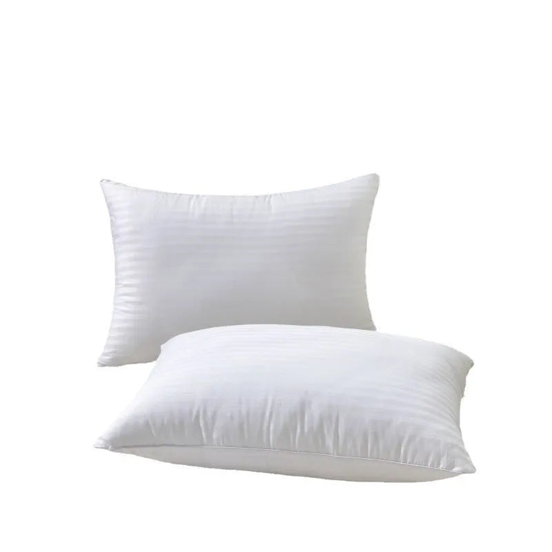 White cotton pillow with a thin satin stripe, showing feather cotton filler and three size options.
