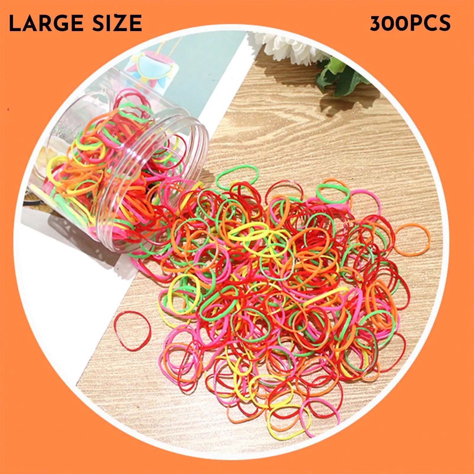 Assorted colourful TPU baby hair ties in a reusable plastic container.