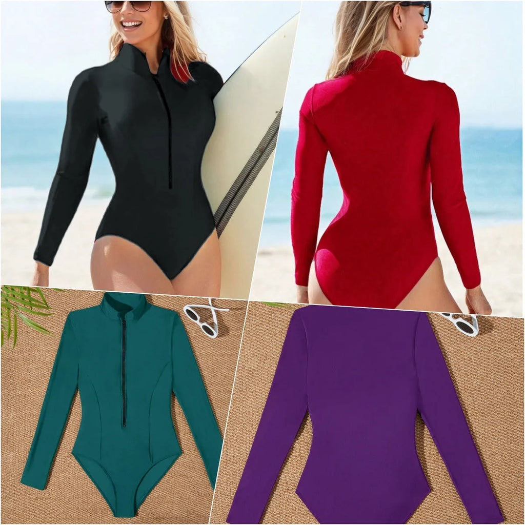 Women's outdoor sports long sleeve triangle one-piece swimsuit in black, printed pattern, backless style