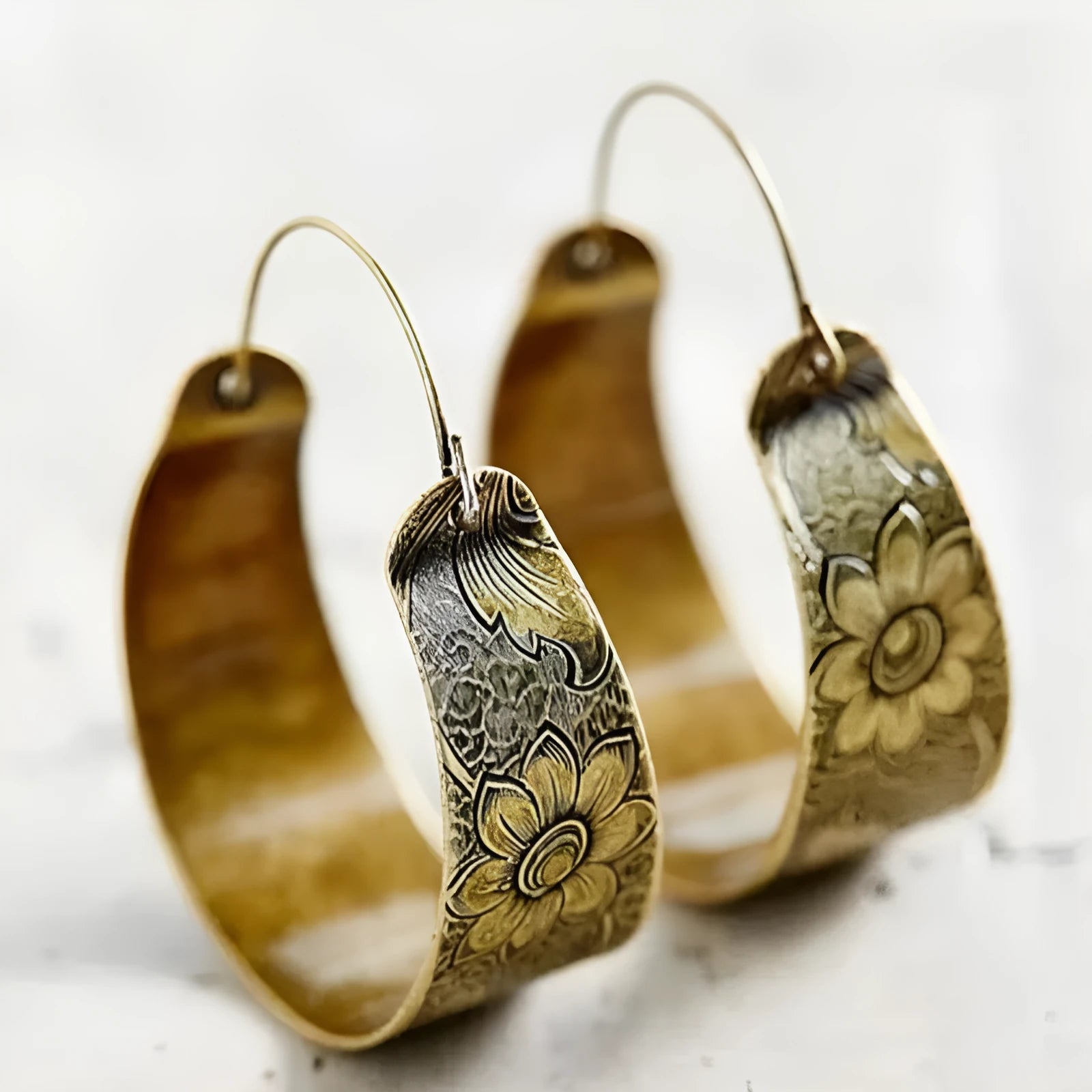 Gold geometric petal earrings with hollow pattern Maillard style design for women