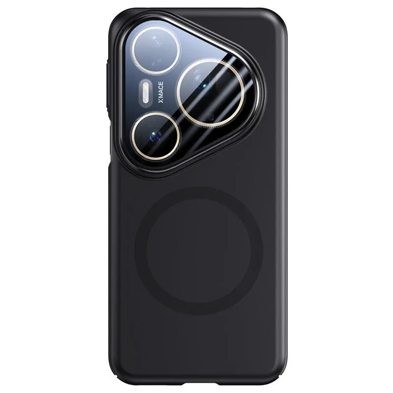Frosted Huawei P80pro phone case with integrated magnetic lens bracket on the back, shown in black colour.