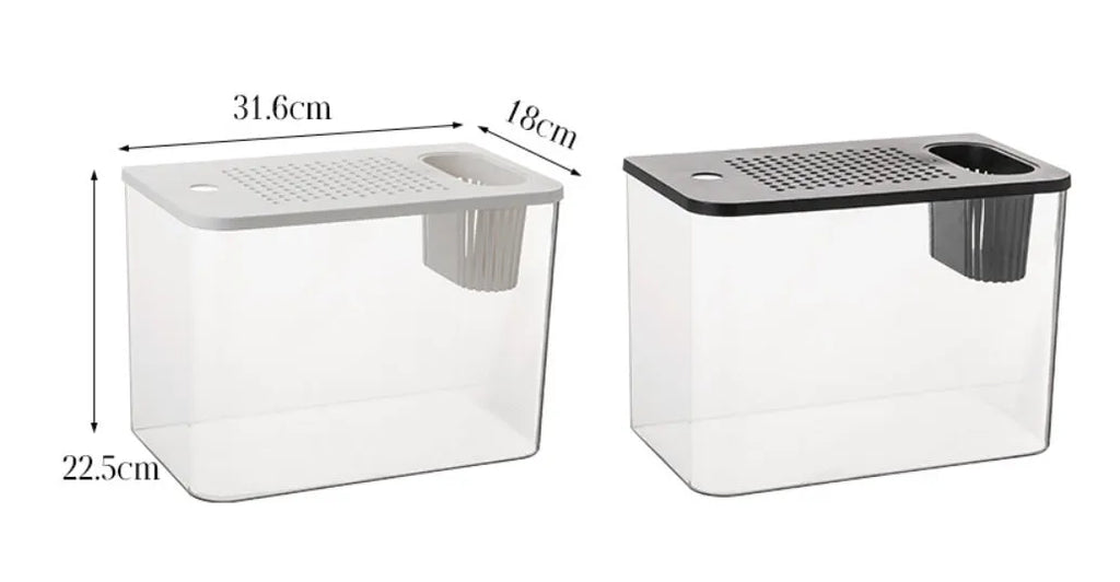 Compact black plastic betta fish tank with lid, dimensions 32cm long by 18.5cm wide.