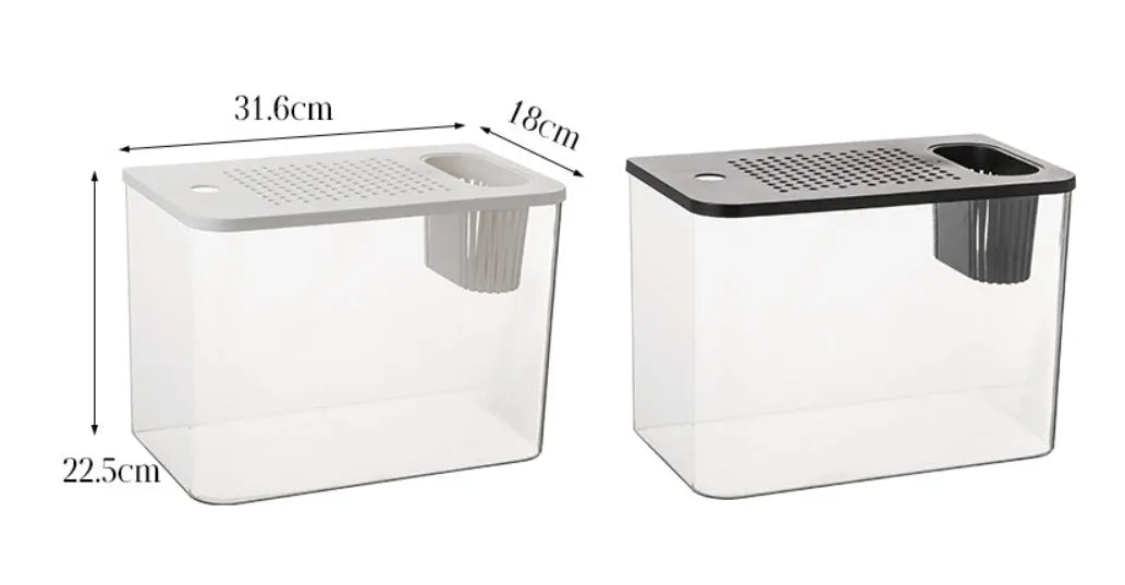 Compact black plastic betta fish tank with lid, dimensions 32cm long by 18.5cm wide.