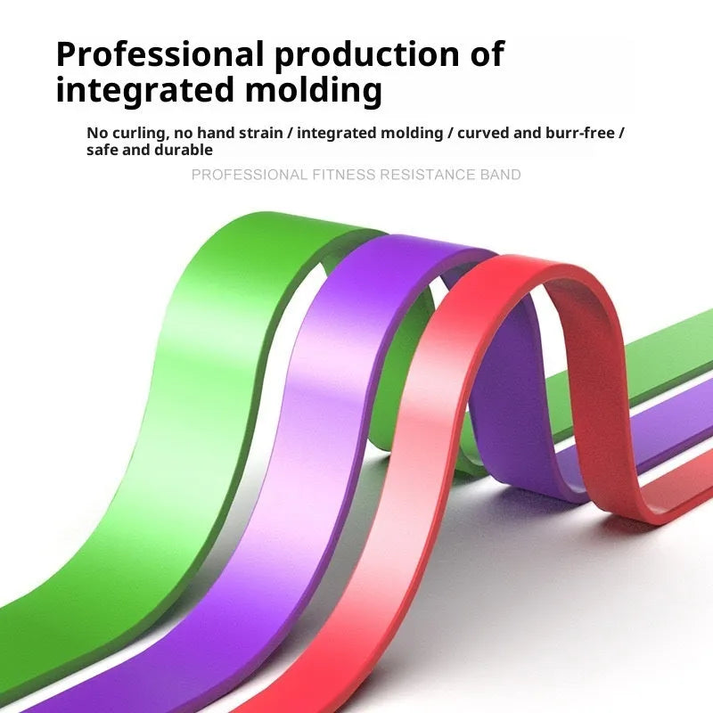Five TPE resistance bands in yellow, red, black, purple and green for general fitness use