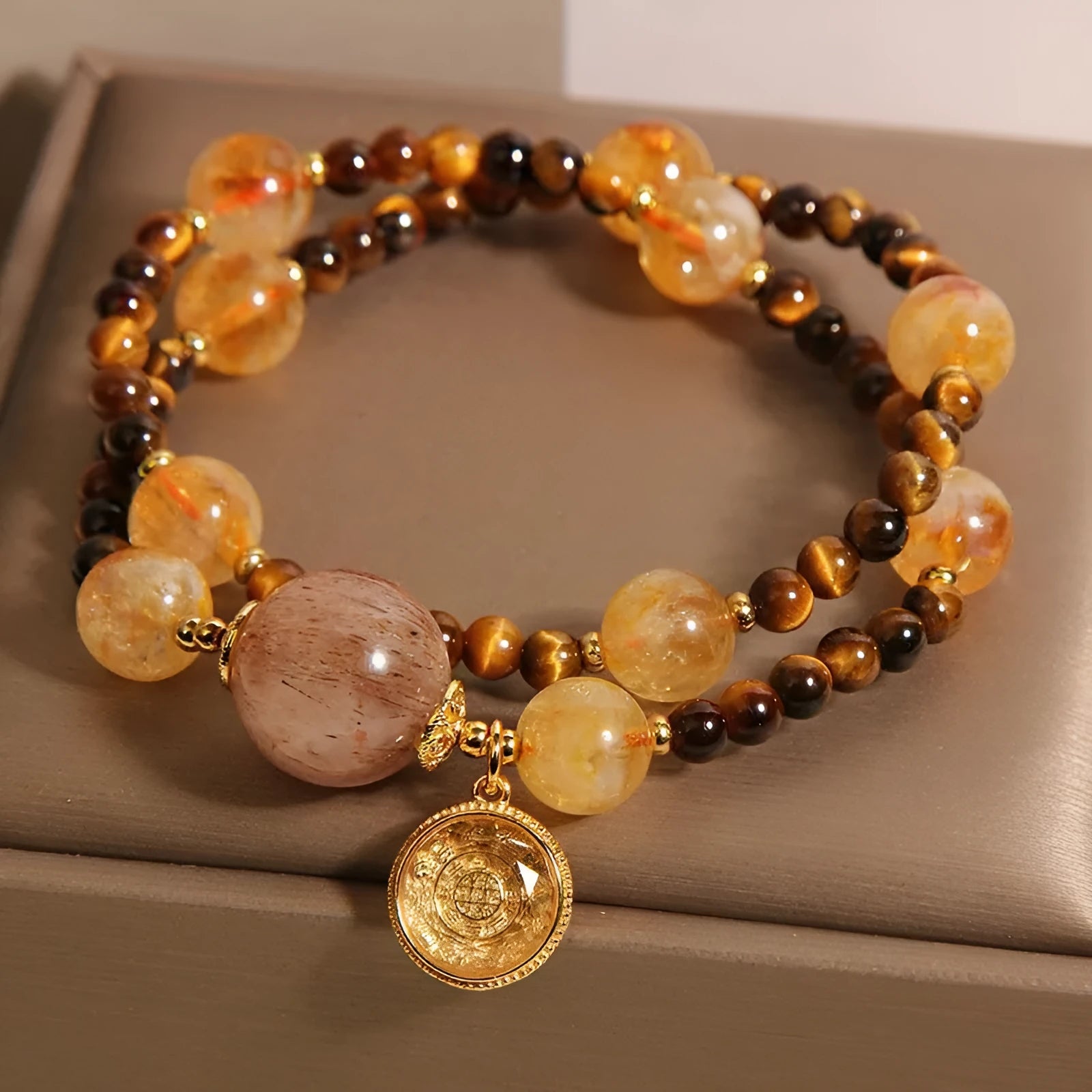 Natural citrine tiger-eye bracelet double circle yellow tower crystal inlaid women's accessory