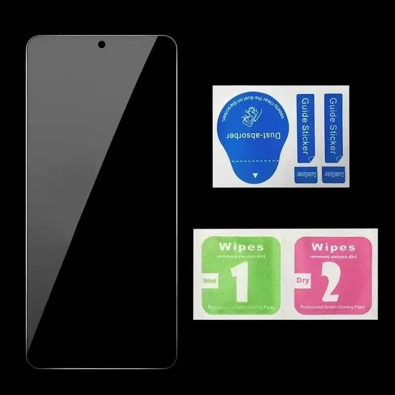 Anti-spy privacy screen protector film for Xiaomi Redmi and Poco mobile phones on a table.