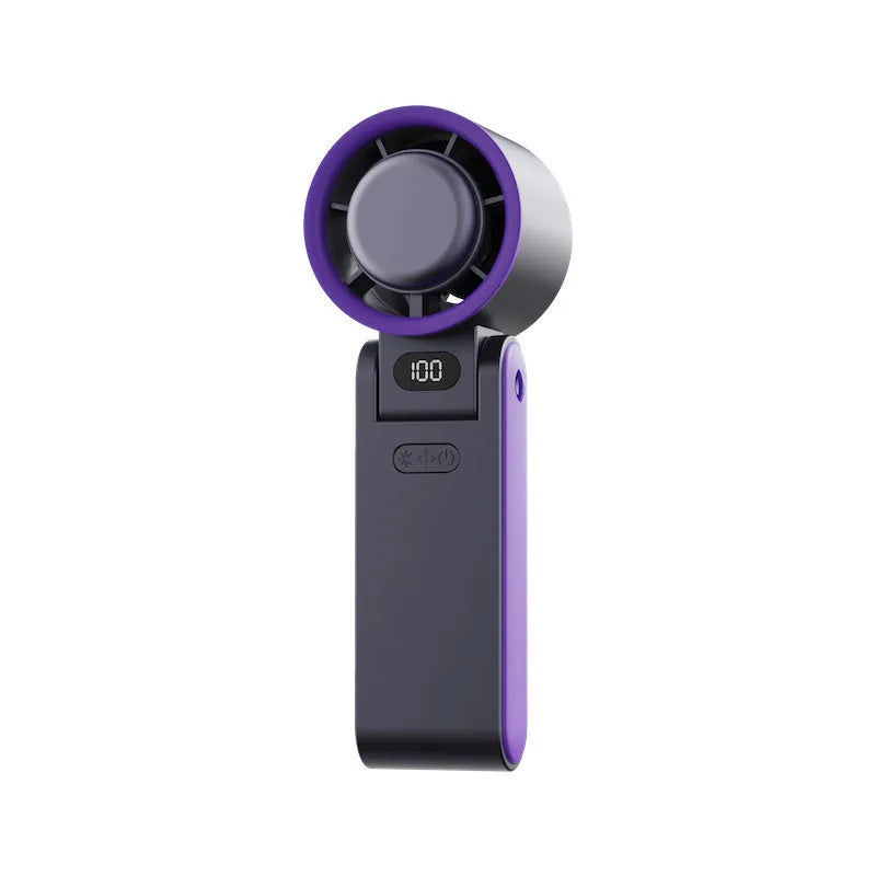 Folding handheld turbine fan with refrigeration, digital display, USB power, 3600mAh battery, in gray, white, purple, or pink.