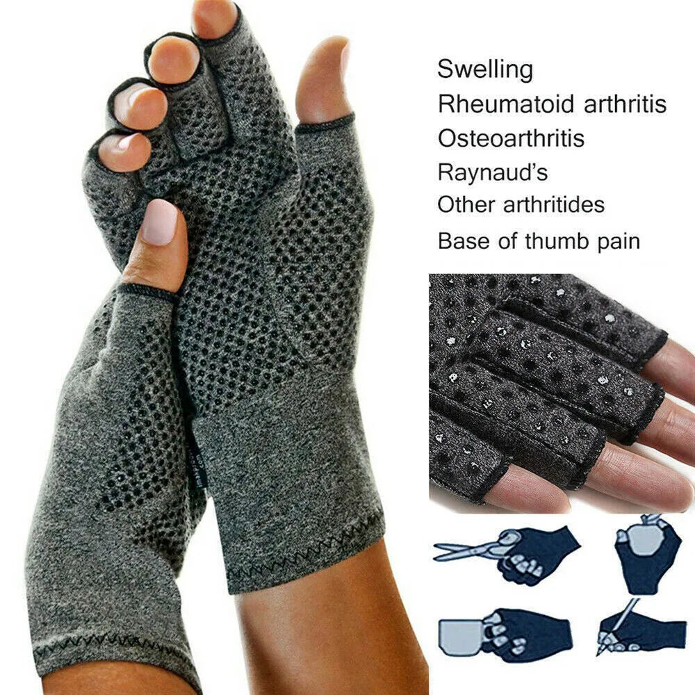 Grey half-finger joint compression gloves with anti-slip palm, shown flat.