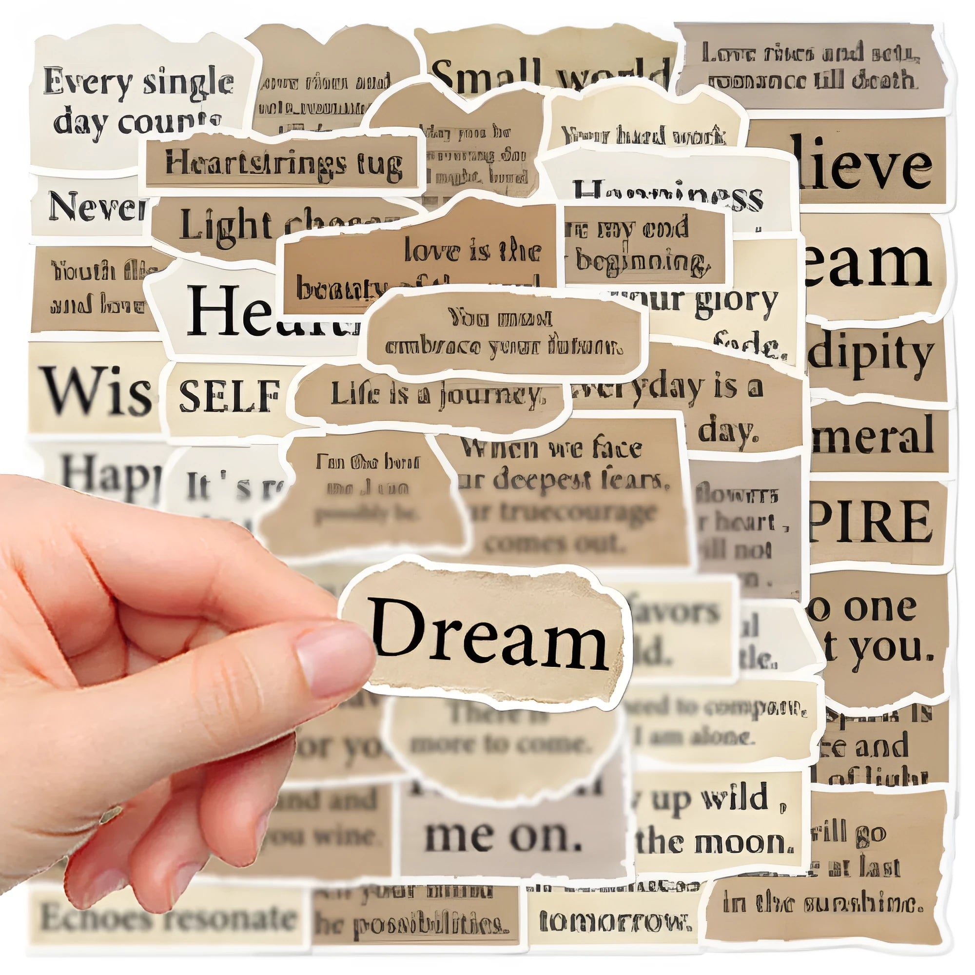Set of 25 tear English text design vinyl stickers for laptops on a white background.