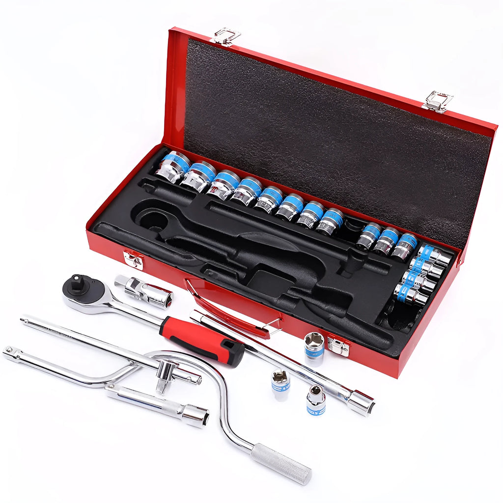 24-piece curved bow car repair wrench set in storage case with chrome vanadium steel sockets