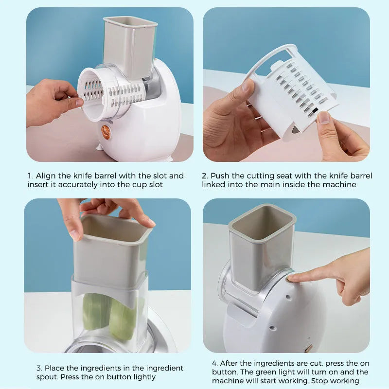 White electric vegetable slicer with rotary grater, suction base, and set of three blade pairs on a kitchen worktop.