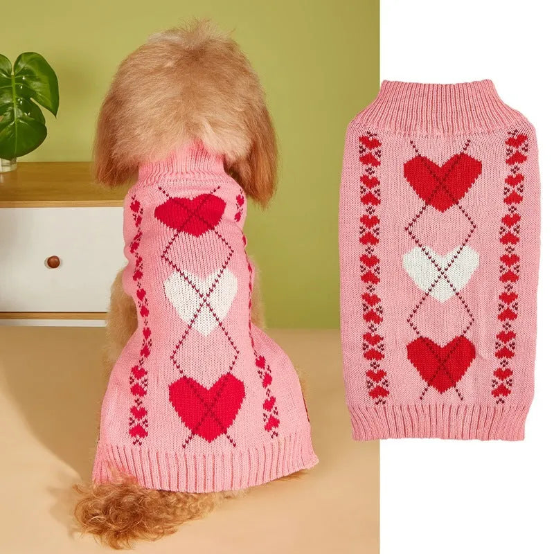 Red love heart design dog sweater on small dog showing acrylic knit and decorative motifs