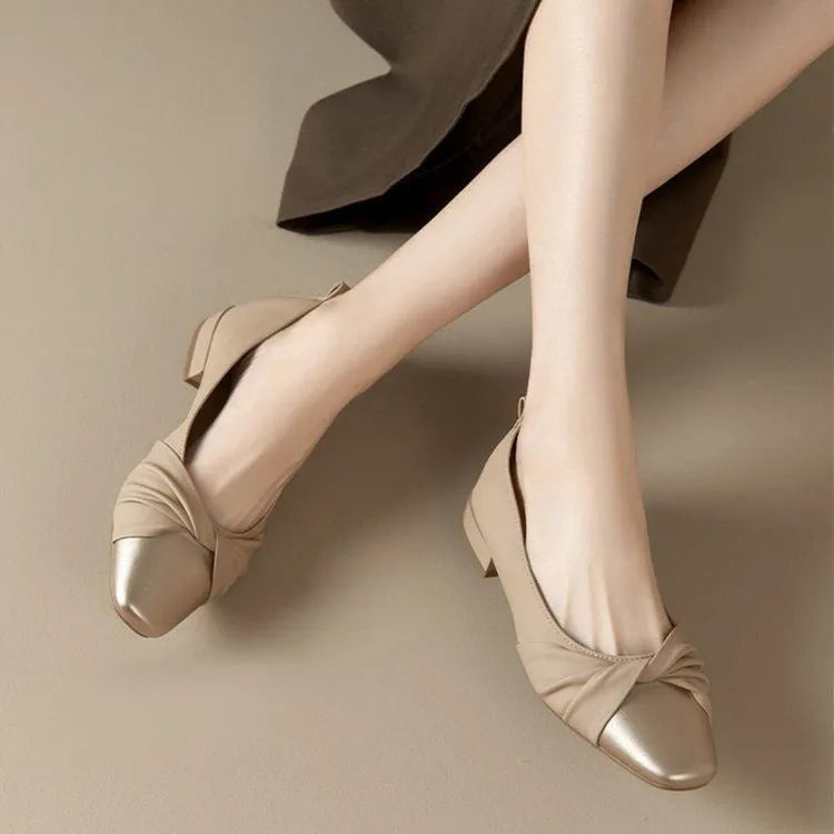 Women's casual PU leather loafers in beige gold with low flat heel, side view