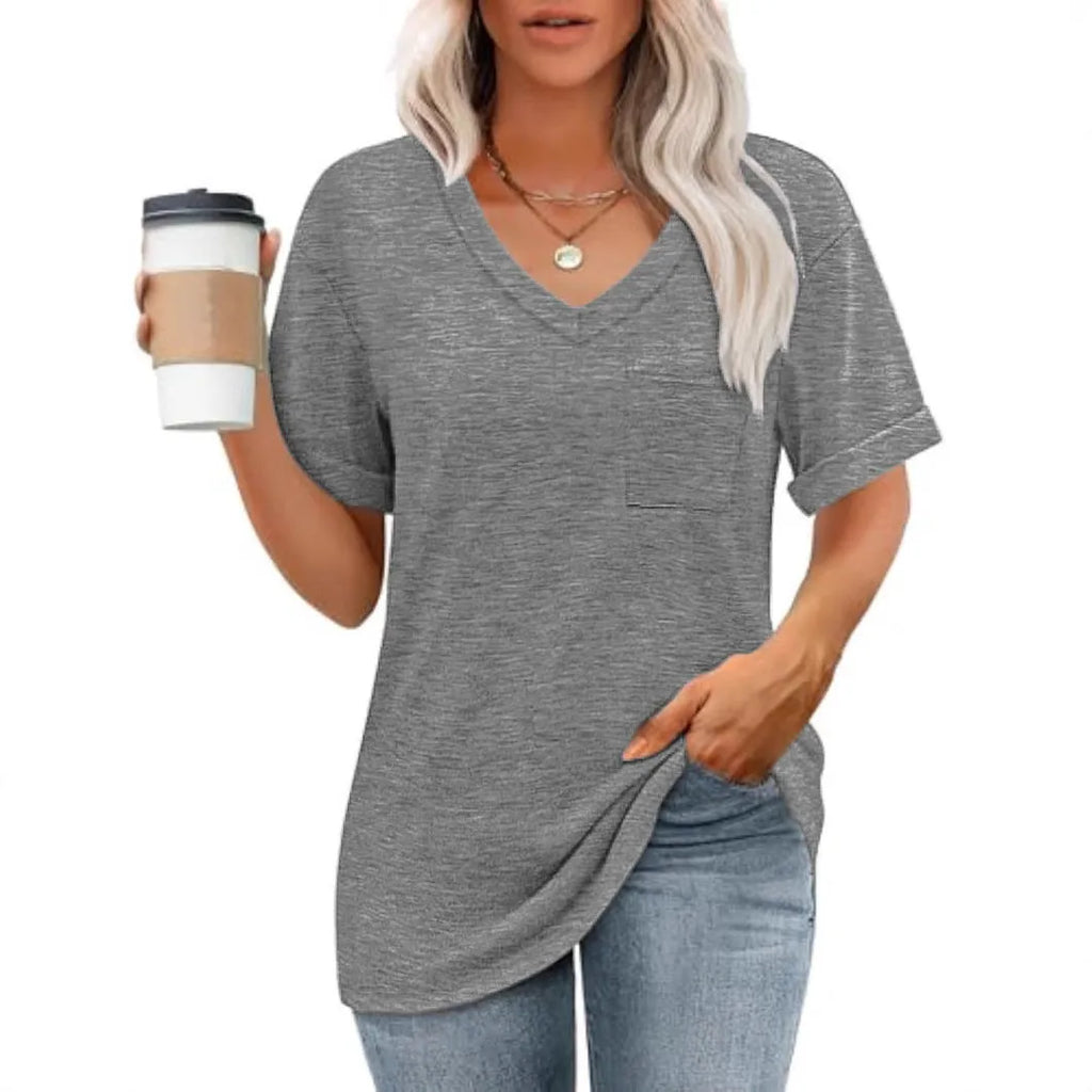 Grey loose fit V-neck t-shirt with a chest pocket on a solid background