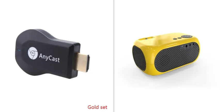 M24 micro mini portable LED projector in gold or white colour with power adapter and cables.