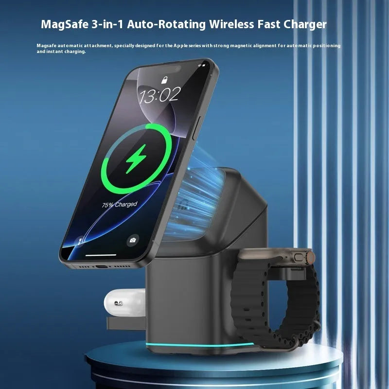 Black and silver mobile phone magnetic wireless charging stand with rotation function