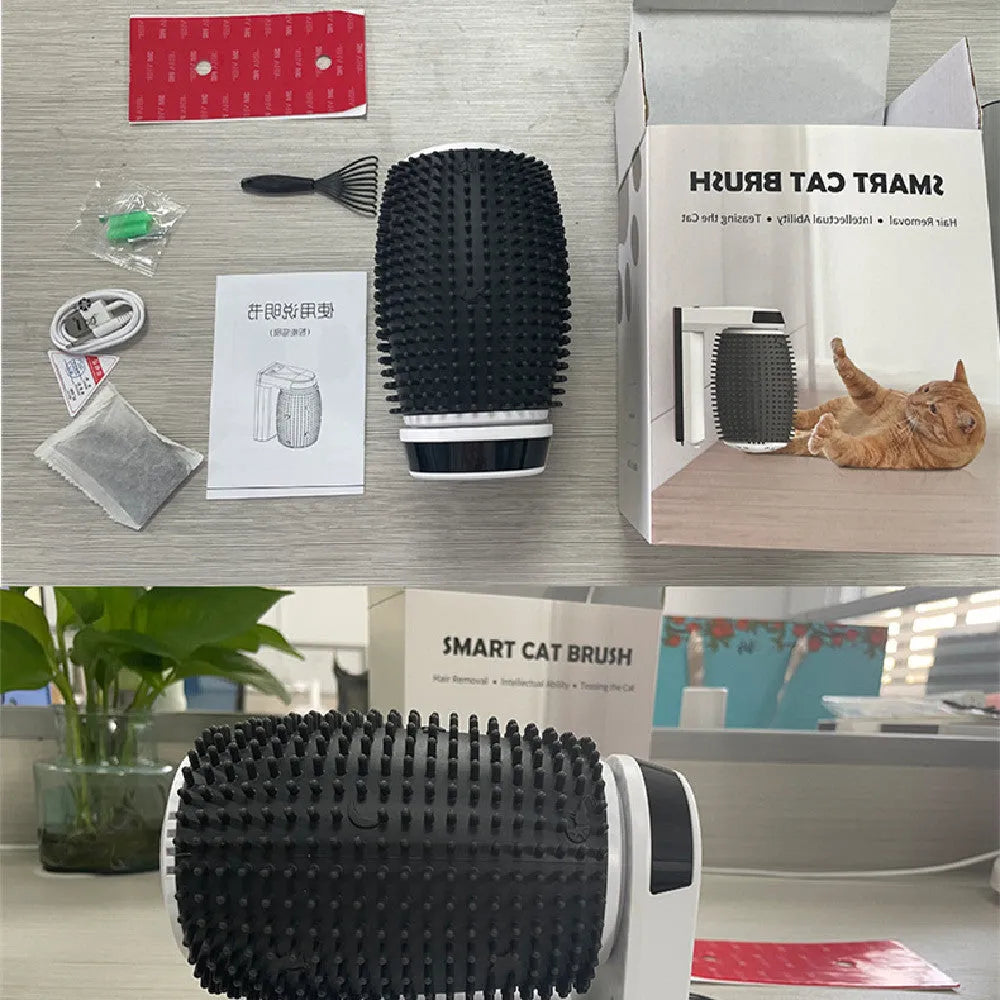 White automatic cat self-groomer with silicone bristles mounted in a corner.