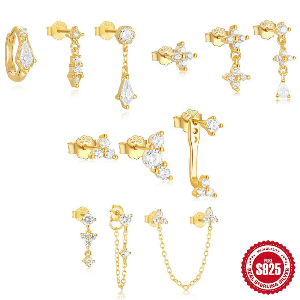 S925 sterling silver geometric zircon tassel earring set with three pieces for women
