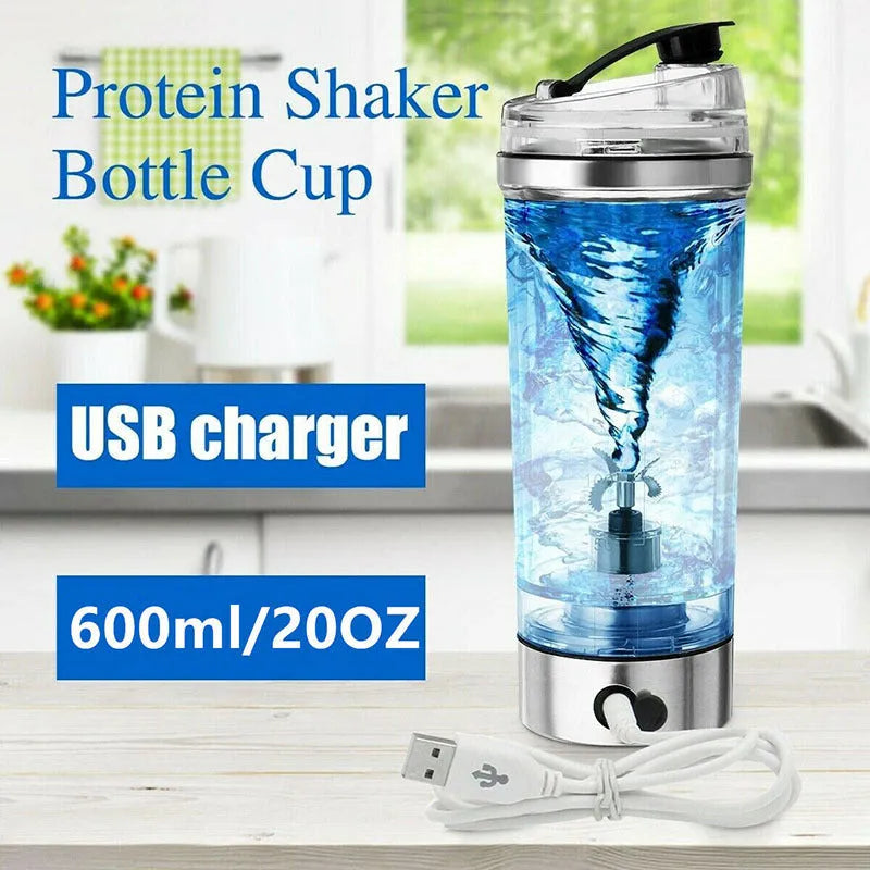 Stainless steel coloured electric shaker bottle with USB charging port for mixing protein shakes.